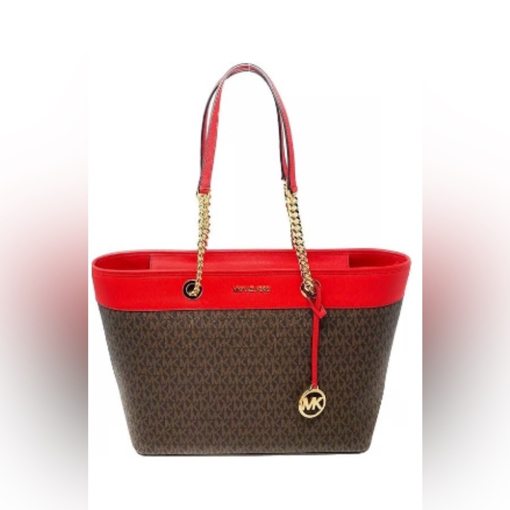 Michael Kors Staffiano Brown MK Monogram Tote with Flame Red Trim 15x11